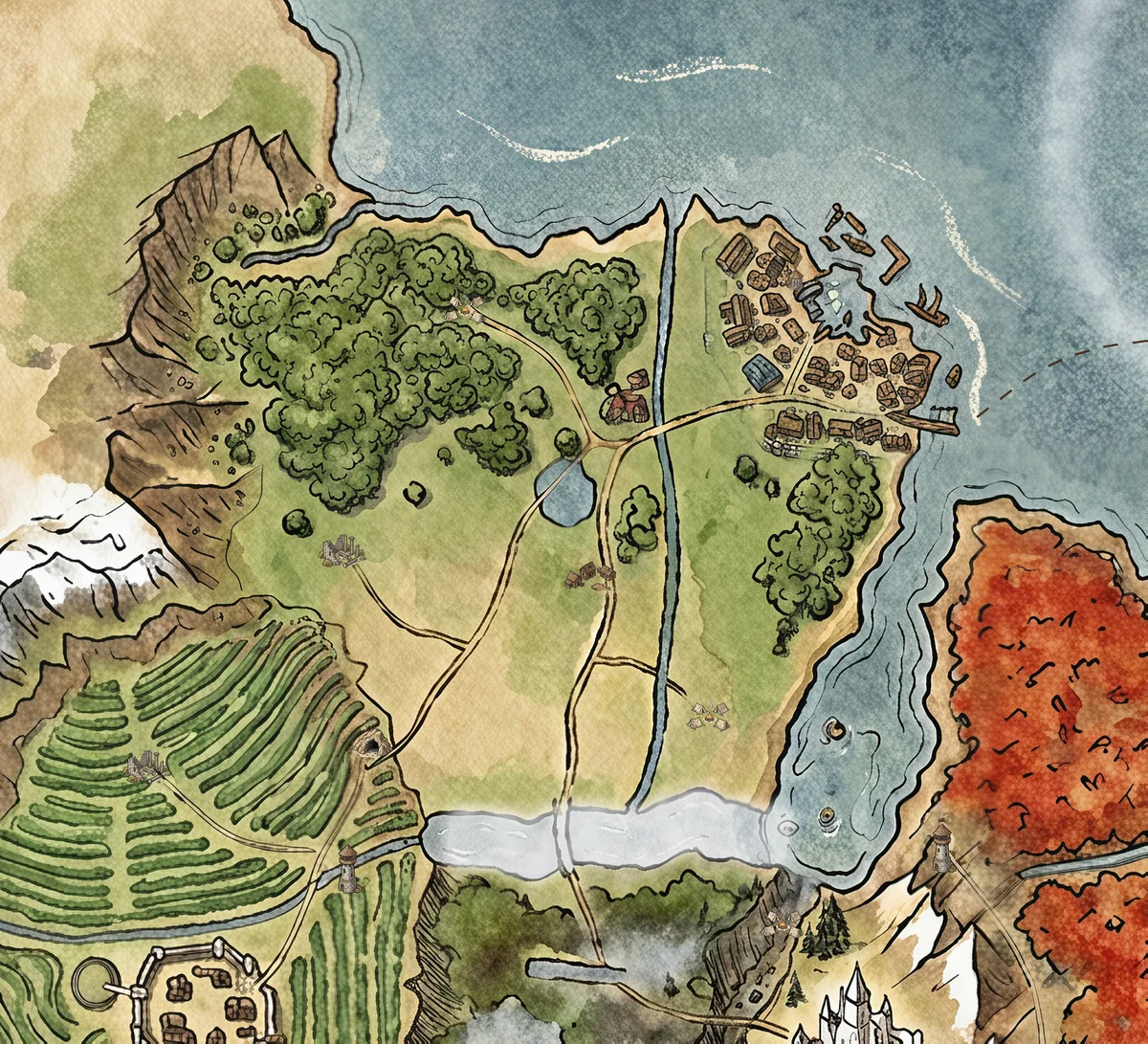 Mapa pintado de la costa, ríos y puerto de Lanternport